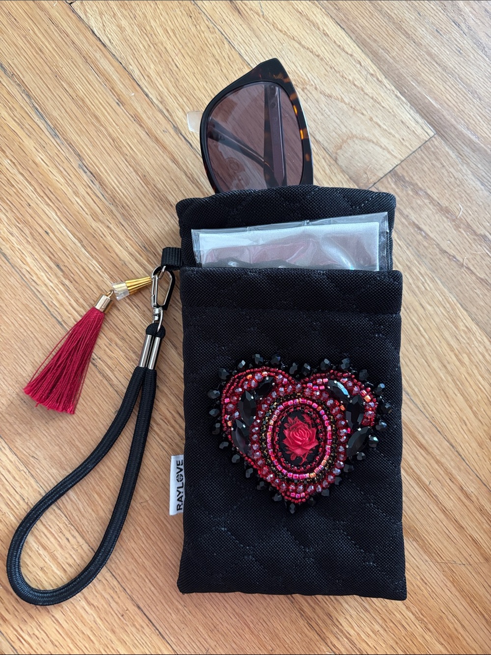 Sunglass pouch Quilted Wristlet with Red Hand Beaded Heart appliqué